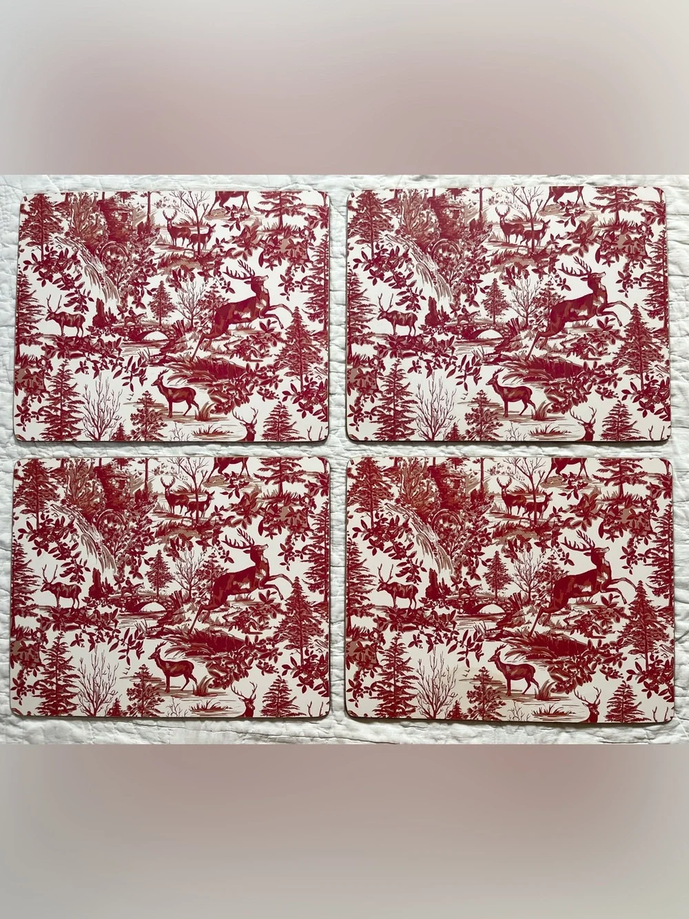 x4 Pottery Barn Alpine Toile Red Stag Cork Placemat Hardmat Deer Pine Tree Horse
